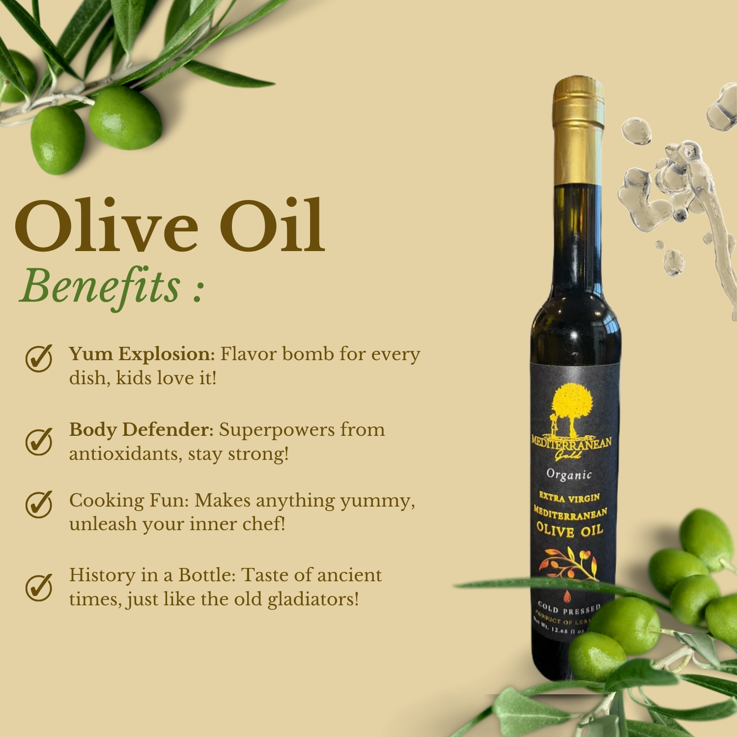 Organic Extra Virgin Olive Oil Cold Pressed 12.68 FL - Mediterranean Gold