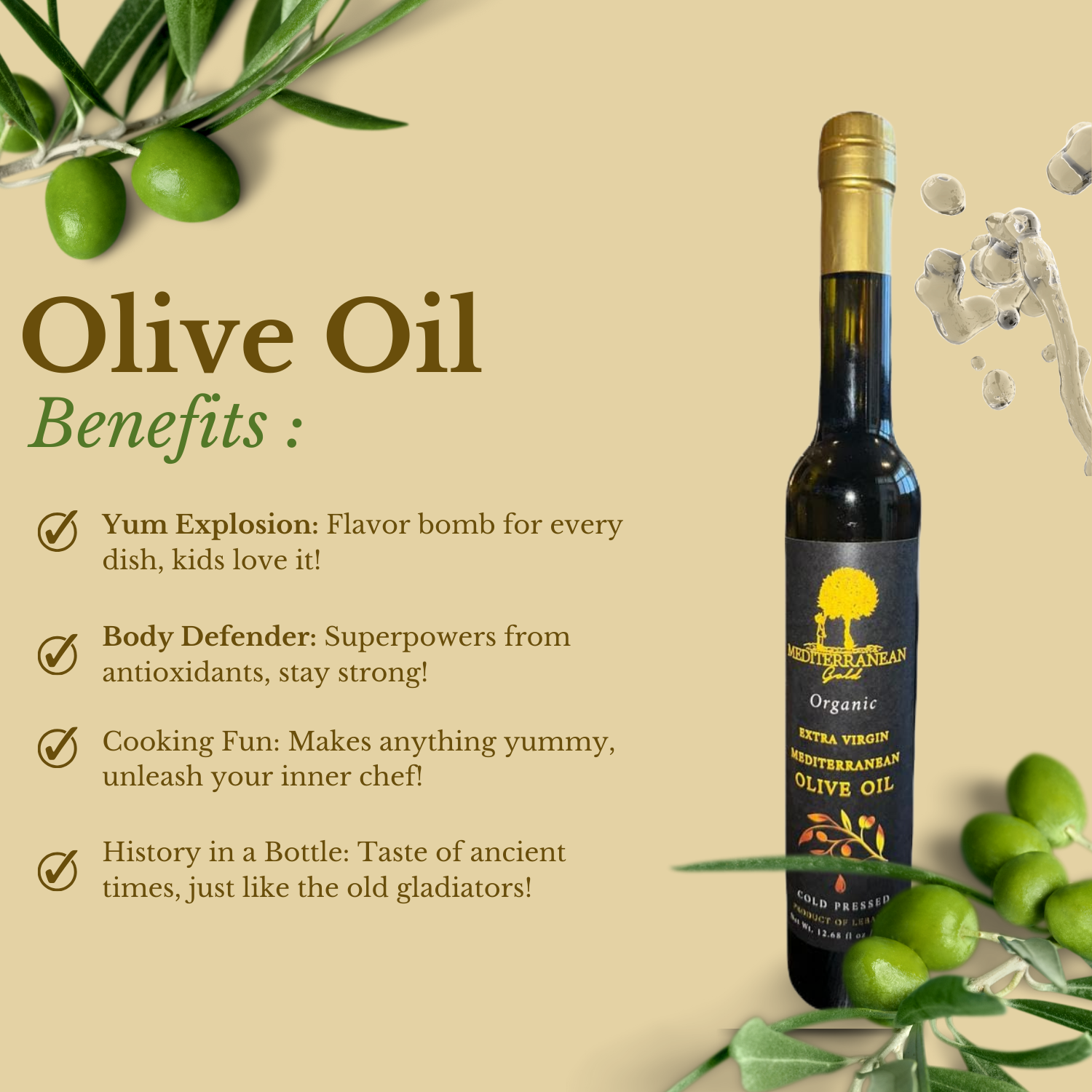 Organic Extra Virgin Olive Oil Cold Pressed 12.68 FL -  Mediterranean Gold